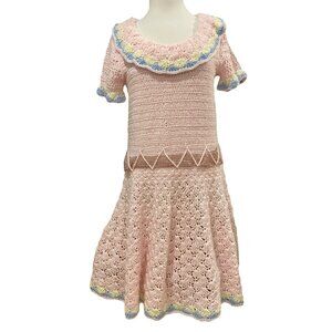 Vintage Handmade Crochet women Barbie style Dress With Scallop Trim Zigzag Belt